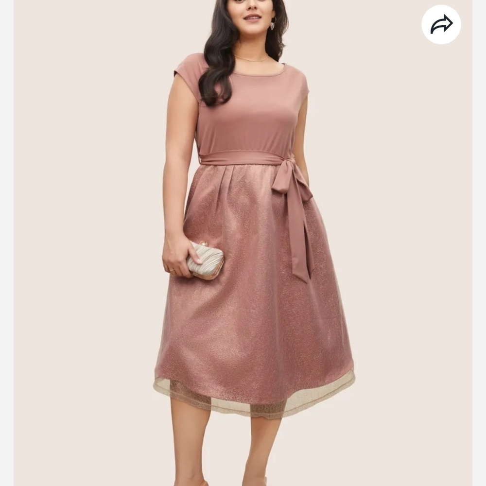BloomChic Plus Size Textured Mesh Patchwork Belted Boat Neck Dress
